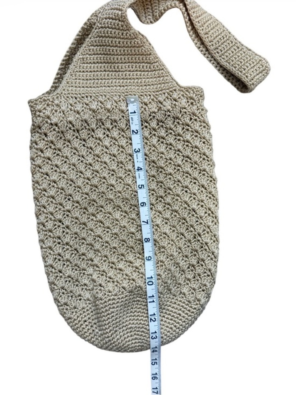 Boho Chic Natural Crochet Hobo Bag with Wood Bead Drawstring Beachy Coastal - Picture 5 of 6